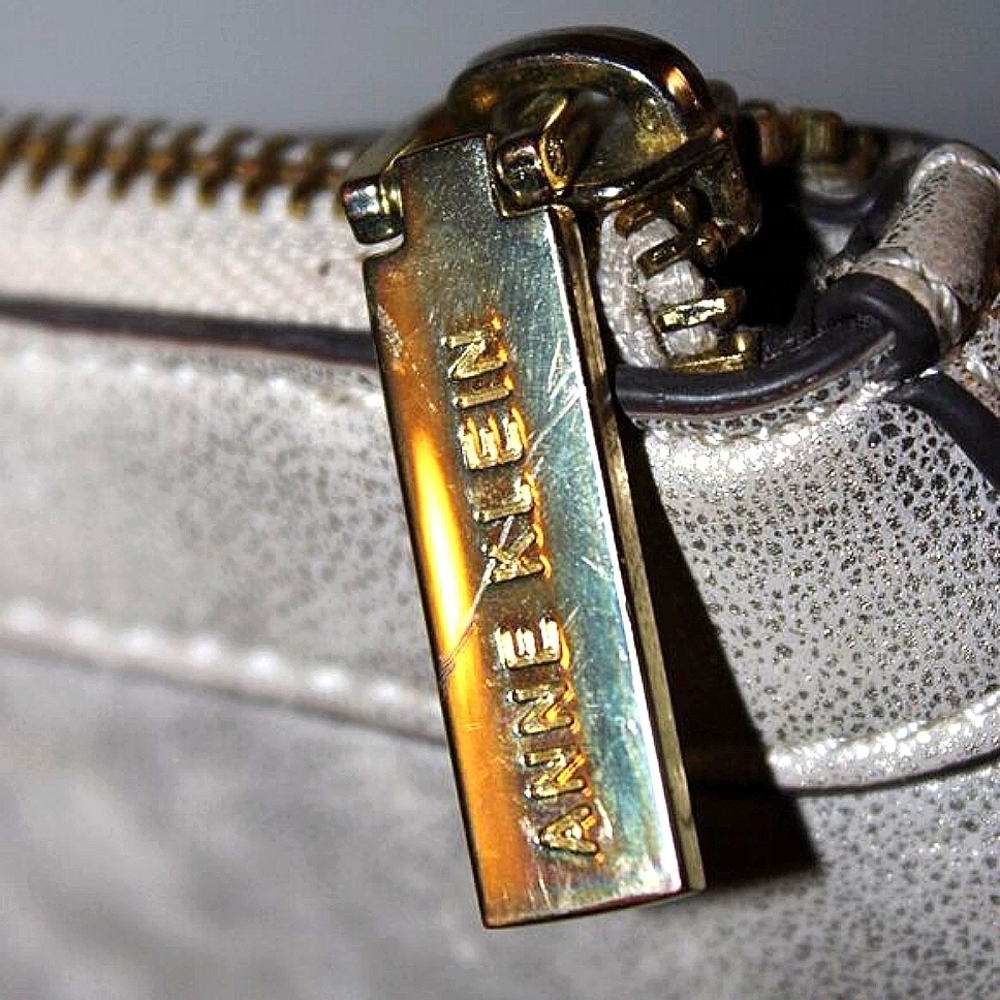 Anne Klein Metallic Satchel Handbag - Silver/Gray - Polka Dot Lining - Lion Logo - Picture 11 of 12